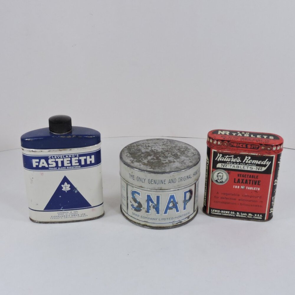 3 Vintage Decor Accent Tins Fasteeth, SNAP and Natures Remedy NR Tablets